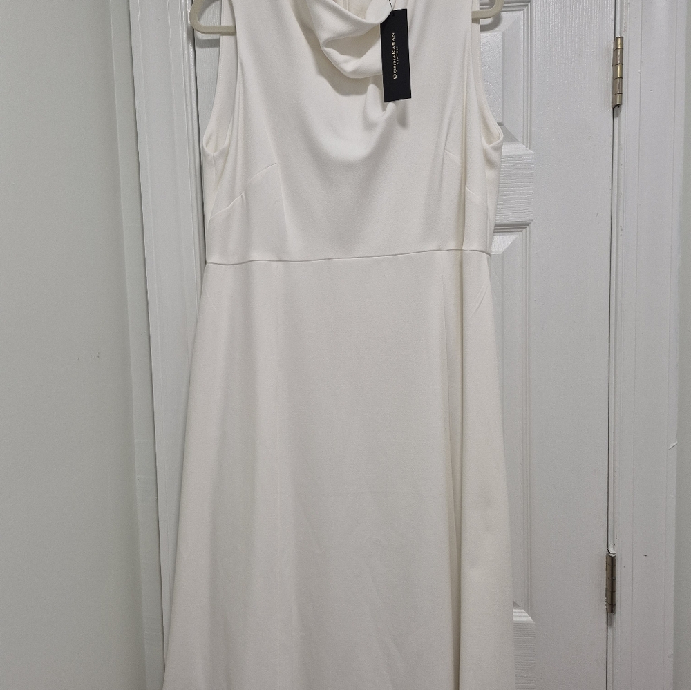 Donna Karan White Cowl Neck A-Line Midi Dress